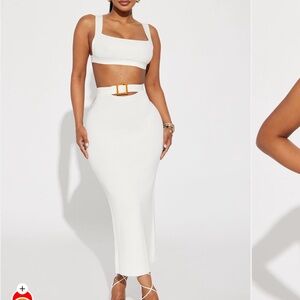 FashionNova White Two Piece Skirt Set Cutout with Belt